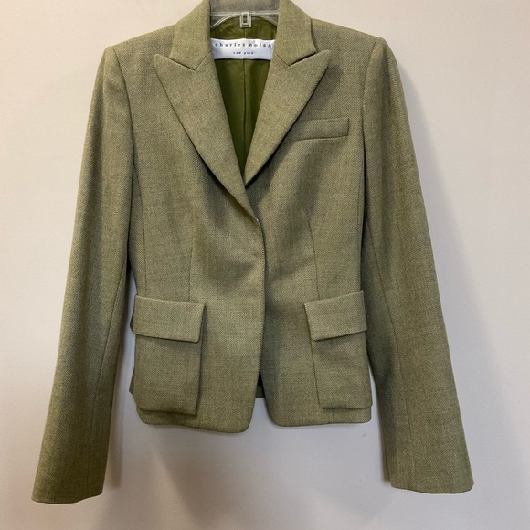CHARLES NOLAN New York Green Wool Chevron Blazer With Elbow Patches Size 4 - Picture 1 of 9